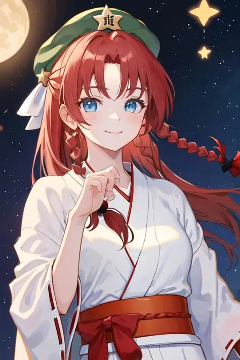 best quality, masterpiece, highres, solo, {white kimono:1.35}, {red hakama:1.35}, {wide sleeves:1.20}, {hong_meiling_touhou:1.15}, braid, long_hair, red_hair, twin_braids, star_\(symbol\), hat, hat_ornament, star_hat_ornament, beret, smile, bow, bangs, blue_eyes, breasts, hair_bow, ribbon, green_headwear, green_eyes