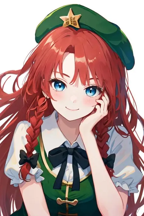 best quality, masterpiece, highres, solo, {hong_meiling_touhou:1.15}, braid, long_hair, red_hair, twin_braids, star_\(symbol\), hat, hat_ornament, star_hat_ornament, beret, smile, bow, bangs, blue_eyes, breasts, hair_bow, ribbon, green_headwear, green_eyes, 1girl, looking_at_viewer, shirt, portrait, upper_body