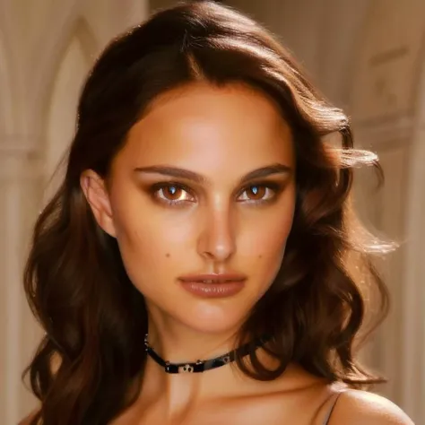 Portrait of  ((stunning)) woman wearing a black choker with (wavy brown:1.0) hair ((highly detailed eyes)), ethereal, seductive, ((perfect eyes)), (nude glossy lips), model, ((angelic)), photorealistic, full, 4K, trending on artstation,( masterpiece) , hyperrealistic,<lora:natportman1-10:1>