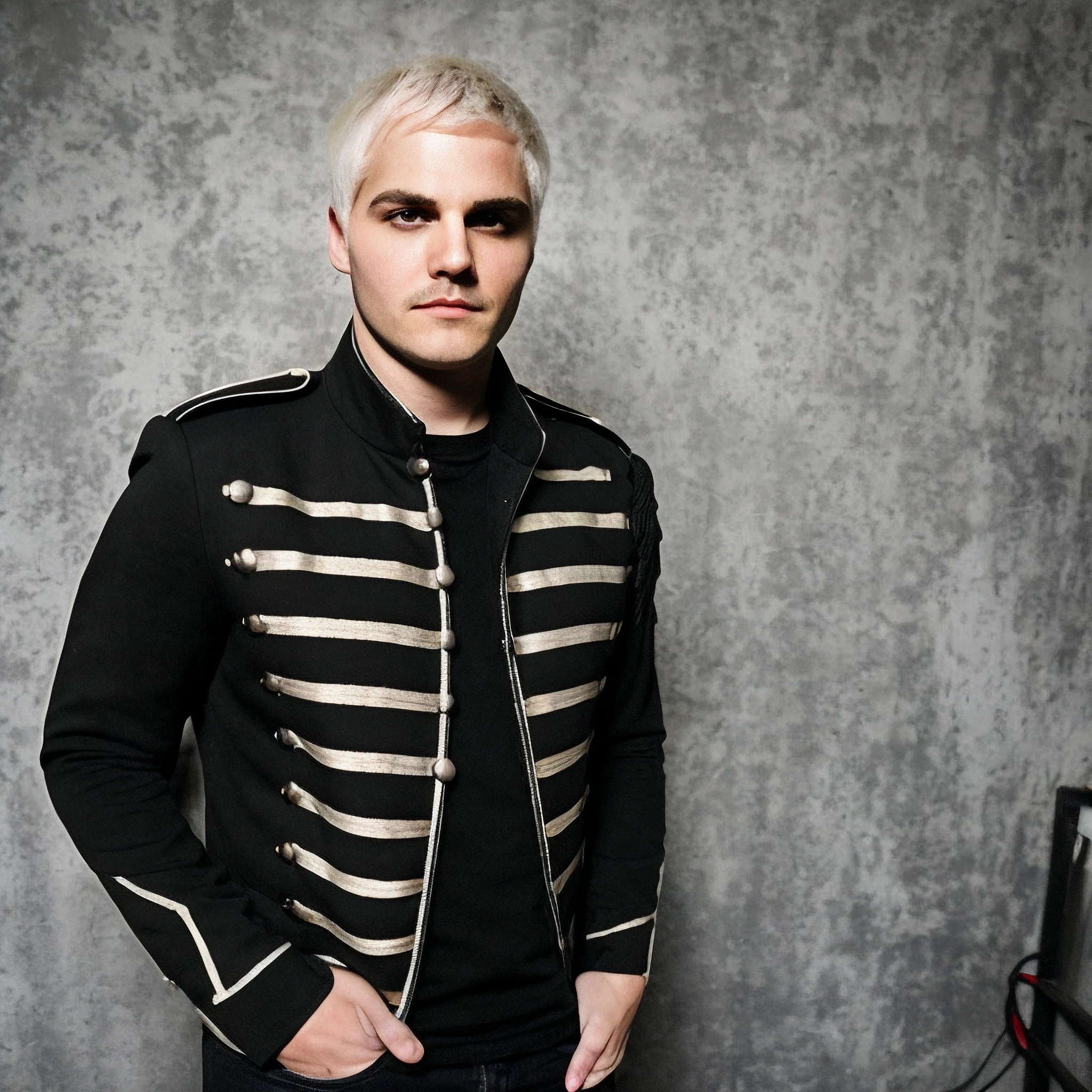 Realistic photo of an alley in a city, man with short white hair wearing a blackparadejacket, black shirt, plack pants, expressionless, Gerard Way, photograph, highly detailed, sharp focus, 4k, ultrarealistic, focus on eyes, (looking at camera:1.2), Kodak Gold 400 film, Polaroid, hyperdetailed, insane details, intricate details, accent lighting, soft volumetric light, bokeh, (dramatic light:1.2), (neutral colors:1.3), cross process, <lora:blackparadev2:1>