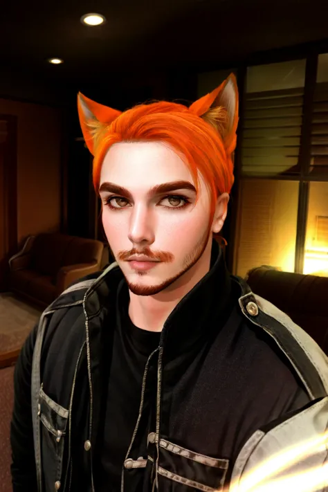 <lora:Roiadan_Vanzey:.7> Roiadan Vanzey, Osenayan, <lora:theBlackParadeLora_v10:.7>,blackparadejacket, (masterpiece, best quality), animal ears, solo, facial hair, 1boy, male focus, fox ears, parody, orange hair, indoors, beard, stubble, looking at viewer, lips, upper body, brown eyes, animification, nose, jacket, cosplay, rule of thirds,