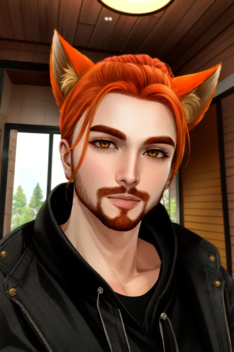 <lora:Roiadan_Vanzey:.7> Roiadan Vanzey, Osenayan ,(masterpiece, best quality), animal ears, solo, facial hair, 1boy, male focus, fox ears, parody, orange hair, indoors, beard, stubble, looking at viewer, lips, upper body, brown eyes, animification, nose, jacket, cosplay, rule of thirds,