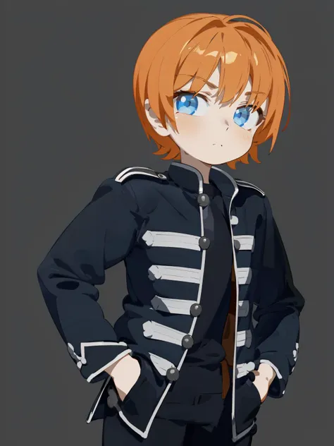 1boy, solo, male focus, <lora:Senpai_2021_LOCON:0.6>, senpaica2021, blue eyes, orange hair, short hair, looking at viewer, <lora:blackparade:0.8>, blackparadejacket, hands in pockets