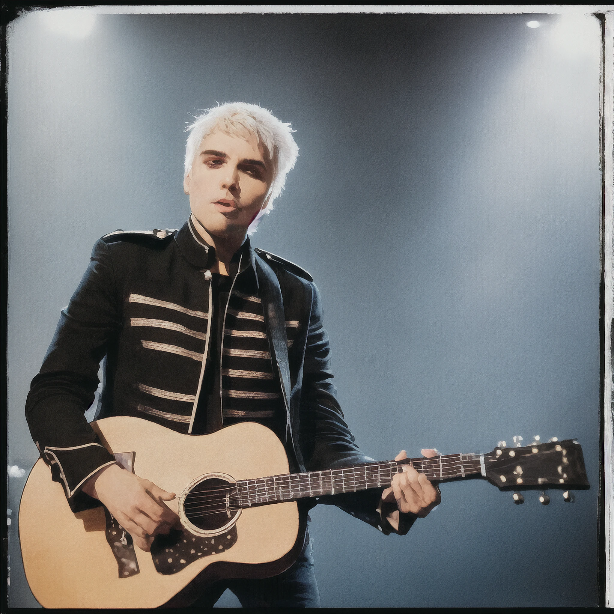 Realistic photo of a stage, man with short white hair wearing a blackparadejacket, black shirt, black pants, (Gerard Way), playing acoustic guitar, photograph, portrait, highly detailed, sharp focus, 4k, ultrarealistic, (focus on eyes), (looking at camera:1.2), Kodak Gold 400 film, Polaroid, hyperdetailed, insane details, intricate details, accent lighting, soft volumetric light, bokeh, (dramatic light:1.2), (neutral colors:1.3), cross process, <lora:blackparadev2:0.8>, <lora:anime_guitarv1:0.8>