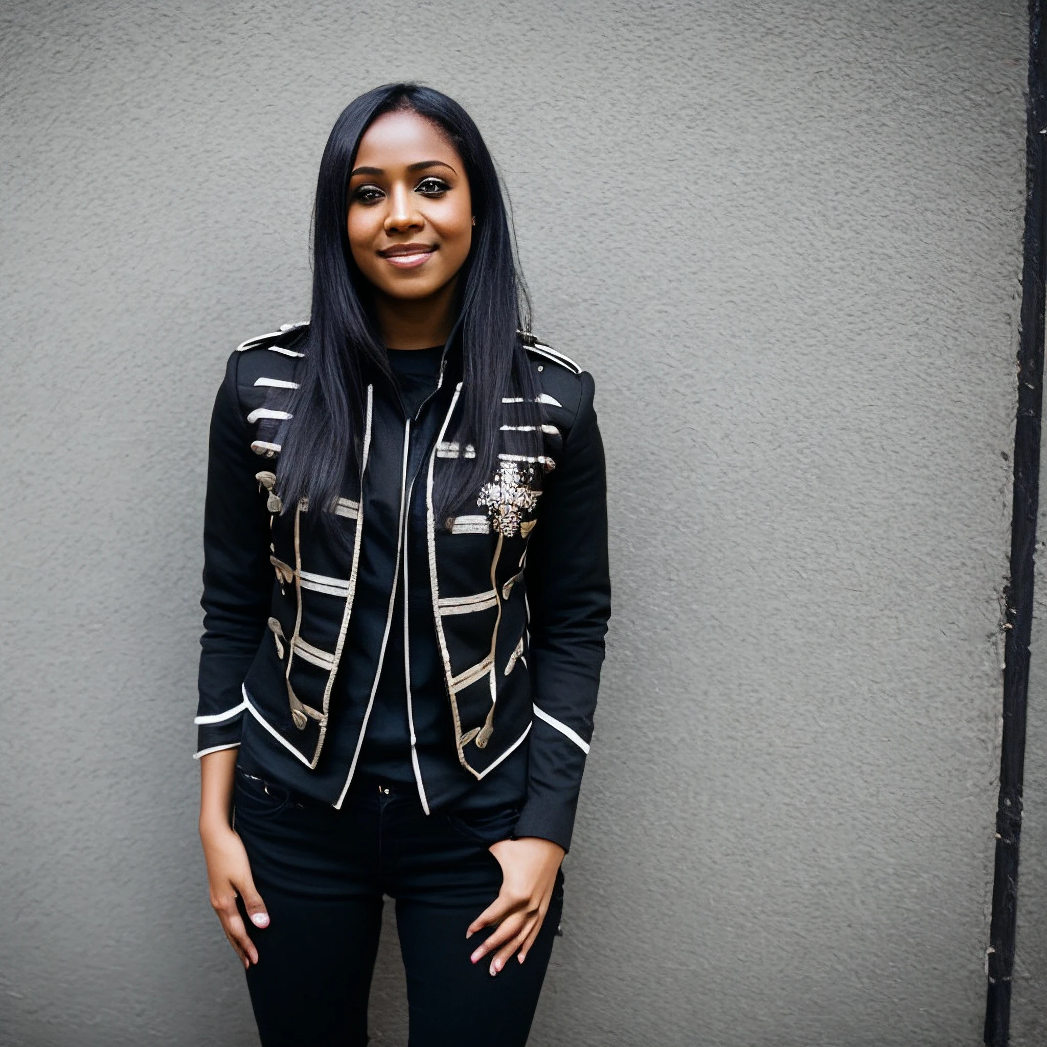 Realistic photo of an alley in a city, woman with long black hair and dark skin wearing a blackparadejacket, black shirt, black pants, ponytail, smiling, dark-skinned female, photograph, portrait, highly detailed, sharp focus, 4k, ultrarealistic, (focus on eyes), (looking at camera:1.2), Kodak Gold 400 film, Polaroid, hyperdetailed, insane details, intricate details, accent lighting, soft volumetric light, bokeh, (dramatic light:1.2), (neutral colors:1.3), cross process, <lora:blackparadev2:0.8>