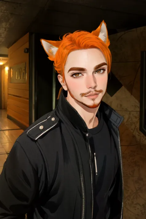 <lora:Roiadan_Vanzey:.7> Roiadan Vanzey, Osenayan, <lora:theBlackParadeLora_v10:.5>,blackparadejacket, (masterpiece, best quality), animal ears, solo, facial hair, 1boy, male focus, fox ears, parody, orange hair, indoors, beard, stubble, looking at viewer, lips, upper body, brown eyes, animification, nose, jacket, cosplay, rule of thirds,