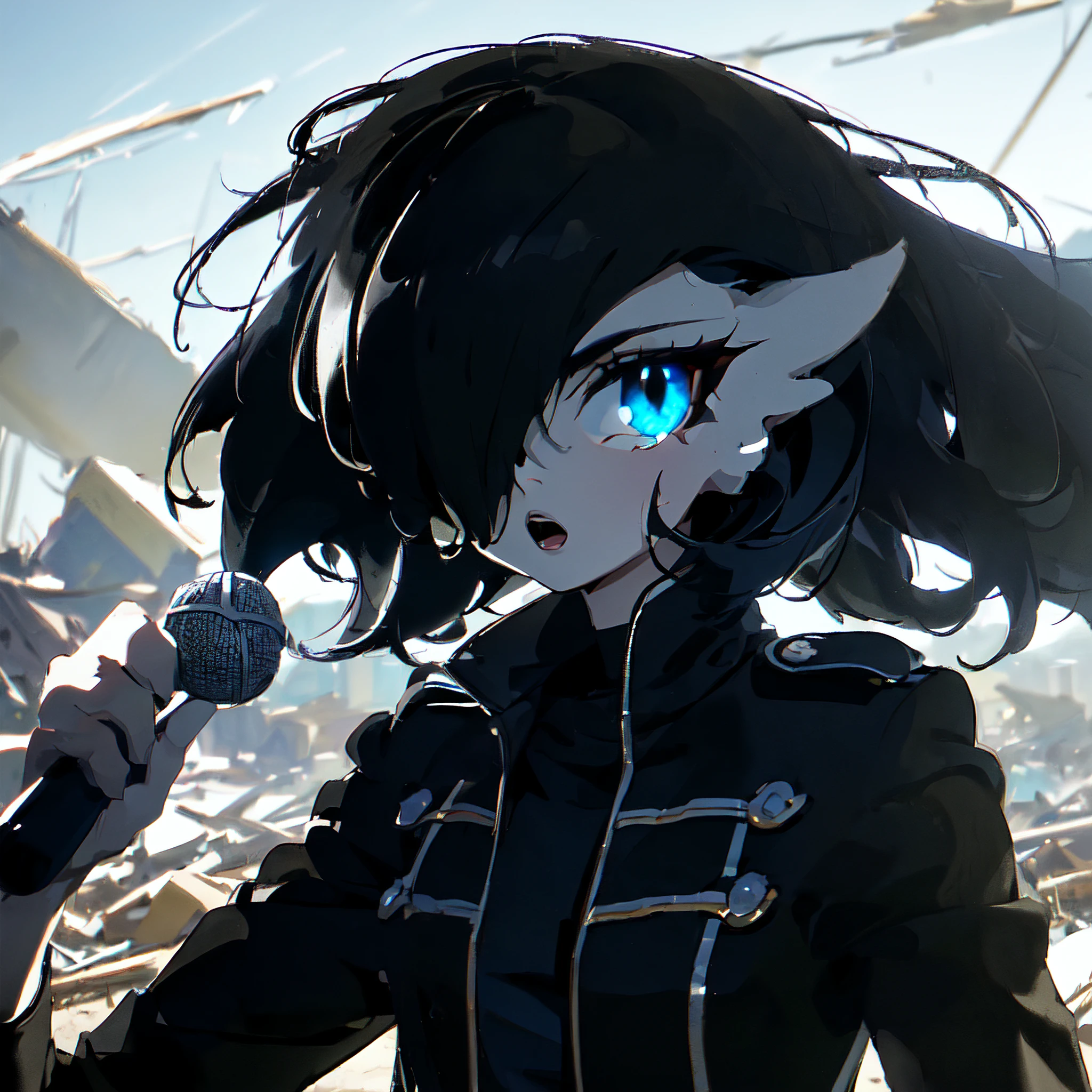 (masterpiece, best quality, ultra-detailed, best shadow), (detailed background, parade, mid shot, crowd, ruins, marching, open mouth, holding microphone, singing into microphone, serious, overcast, grey sky, looking at viewer ), (beautiful detailed face), high contrast, (best illumination), ((cinematic light)), colorful, hyper detail, dramatic light, intricate details, (1girl, female gardevoir, bangs, colored skin, black hair, (messy emo hair), (blackparadejacket), black shirt, black pants, hair over one eye, blue eyes, white skin), <lora:gardevoir_V2:0.6>, <lora:blackparadev2:0.8>