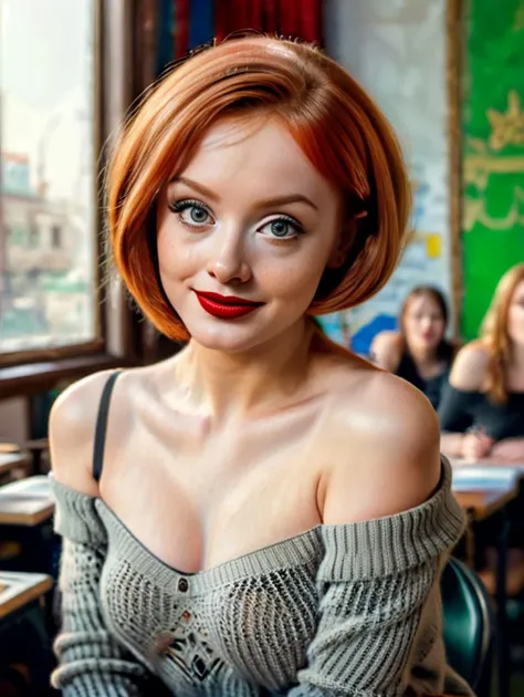 AlienorV1,  smiling, black sweater, off-shoulder, sitting, in classroom, windows, rimlit, photorealistic, beautiful women, best quality, (masterpiece:1.3), closed mouth, looking at viewer,(highly detailed face:1.3), perfect face, full lips,, masterpiece, award-winning, professional, highly detailed
<lora:AlienorV1:1>