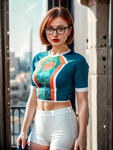 a woman with glasses on, 5 0 0 px models, 2 0 1 4. modern attire,  by Fikret MuallÃ¢ SaygÄ±, shirow masamune,  age 20, three quarter profile, basket shirt, portrait featured on unsplash, dc marvel fashion, 33mm photograph, <lora:AlienorV1:1>