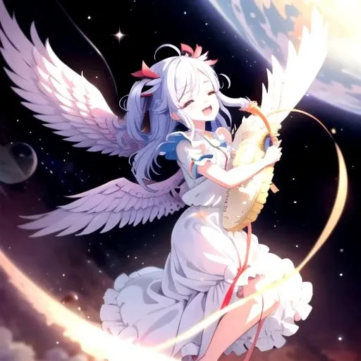 <lora:YaeNiizuma-06:0.8>, <lora:GoodHands-vanilla:0.7>, niizumayae, smile, open mouth, hair ornament, dress, bow, ribbon, closed eyes, short sleeves, :d, frills, wings, barefoot, puffy sleeves, white dress, puffy short sleeves, musical note, feathered wings, angel wings, white wings, space, planet