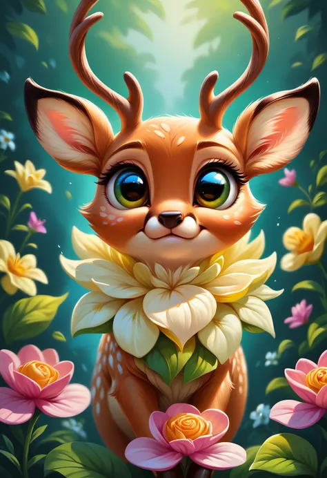 score_9, score_8_up, score_7_up, score_6_up, score_5_up, score_4_up, cute cartoon character, fawn enjoying springtime flowers, realistic, extremely detailed