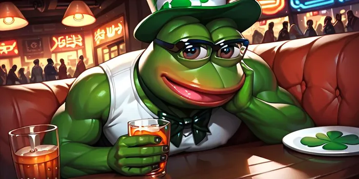 score_9, score_8_up, score_7_up, score_6_up, score_5_up, score_4_up score_9, score_8_up, score_7_up, score_6_up, score_5_up, score_4_up, happy pepe the frog getting drunk on St. Patrick's day in an Irish pub, <lora:ponydiffusionv6_pepethefrog:1>, <lora:SDXLFaeTastic2400:0.4>, <lora:xl_more_art-full_v1:0.4>