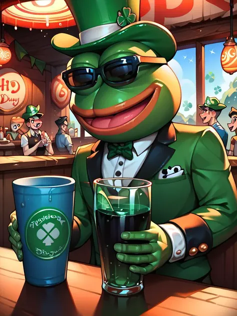 score_9, score_8_up, score_7_up, score_6_up, score_5_up, score_4_up score_9, score_8_up, score_7_up, score_6_up, score_5_up, score_4_up, happy pepe the frog getting drunk on St. Patrick's day in an Irish pub, <lora:ponydiffusionv6_pepethefrog:1>, <lora:SDXLFaeTastic2400:0.4>, <lora:xl_more_art-full_v1:0.4>