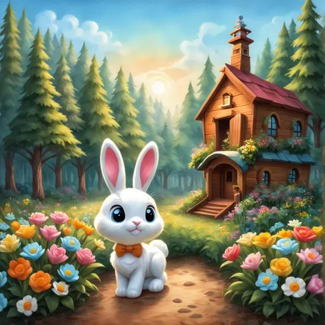 breathtaking  . award-winning, professional, highly detailed, bluehour  nature  forest  (Whimsically artistic)    , score_9, score_8_up, score_7_up, score_6_up, score_5_up, score_4_up,,, stuffed animal in shape of bunny in woodland cabin, adorable, whimsical, friends, flowers, cozy interior, sunrise, soft textures, pastel colors, wooden cabin, pine trees, daisies, playful, warmth, welcoming, gentle light, (cabin:1.2), (bunny:1.4), (flowers:1.3), (whimsical:1.5), (friends:1.3), watercolor painting,