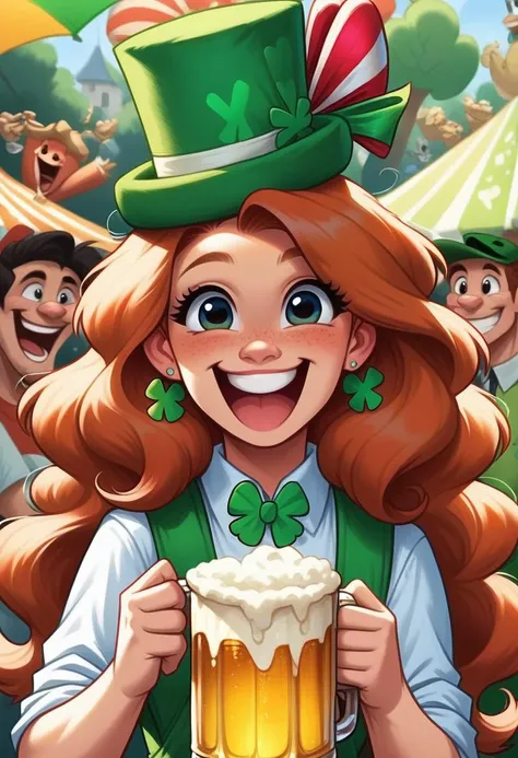 score_9, score_8_up, score_7_up, score_6_up, score_5_up, score_4_up, 1 cute waifu, clovers, St. Patrick's day party, beer, happy, perfect face, funny hat, rating_safe
