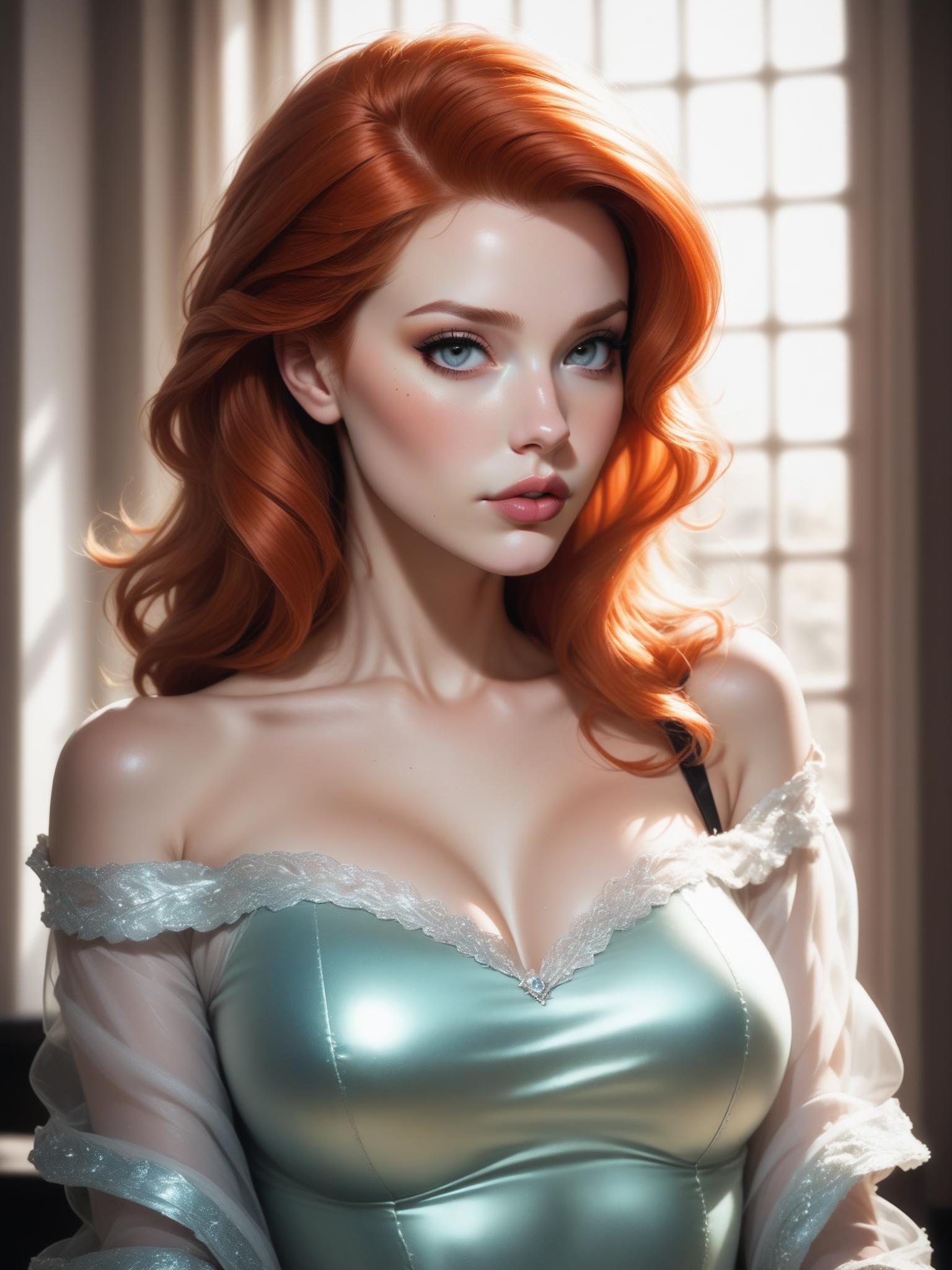 A woman with red hair and a blue dress posing for a picture - SeaArt AI