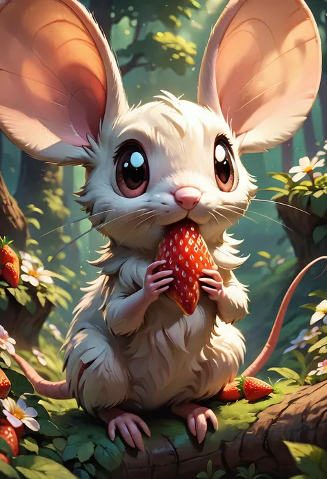 score_9, score_8_up, score_7_up, score_6_up, score_5_up, score_4_up, small mouse with big ears, large eyes, pink and very fluffy fur, eating strawberry, solo, brown_eyes, outdoors, day, tree, pokemon_\(creature\), no_humans, nature, forest, beautiful lighting