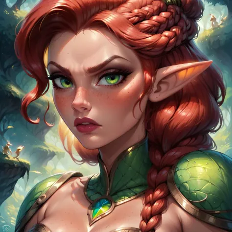 a beautiful detailed girl with striking copper hair, one eye partially obscured, wearing an outlandish fantasy costume, standing in a dark and mysterious spring meadow, surrounded by celestial water, her bombshell hair and forest green locks billowing in the wind, (best quality,4k,8k,highres,masterpiece:1.2),ultra-detailed,(realistic,photorealistic,photo-realistic:1.37),epic,illustration,welcoming,1girl,warlock,elf,bright copper hair,hair over one eye,(full body:0),[outlandish costume design:0.2],in a scary spring meadow,in the crowded,celestial water,bombshell hair,forest green hair,short bombshell hair,color_hair,v arms
