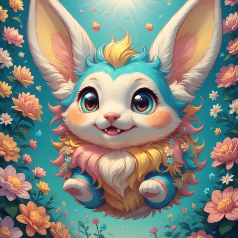 score_9, score_8_up, score_7_up, score_6_up, score_5_up, score_4_up, pastel, adorable very fluffy creature, huge ears, mouth closed, cute fangs, turquoise yellow and pink, jumping in flowers