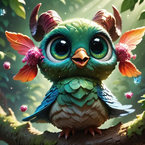 score_9, score_8_up, score_7_up, score_6_up, score_5_up, score_4_up, close-up, glitter, bird creature with horns, big eyes, singing, sitting on tree branch, green forest background with beams of sunlight
