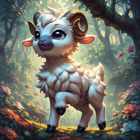 score_9, score_8_up, score_7_up, score_6_up, score_5_up, score_4_up, detailed, a tiny fluffy pokemon_creature, lamb, twisting horns, colorful, fluffy, forest, jumping