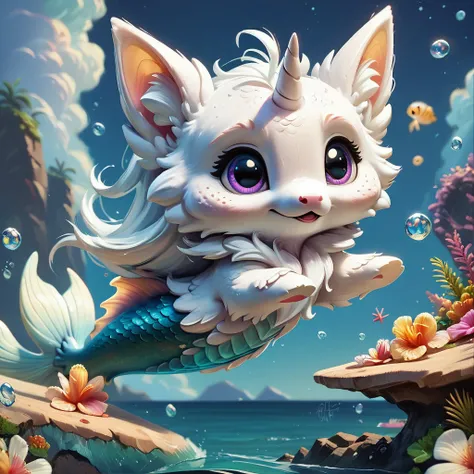 score_9, score_8_up, score_7_up, score_6_up, score_5_up, score_4_up, an adorable, chibi white fox unicorn, some mermaid scales, fluffy fur, on a beach at night