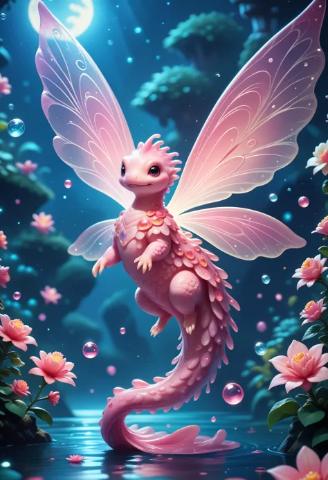 score_9, score_8_up, score_7_up, score_6_up, score_5_up, score_4_up, elegant, adorable, little pink water monster, magical oasis, water creature, fantasy, night time, moonlight, magical, extremely detailed, beautiful, whimsical, high resolution image, translucent wings