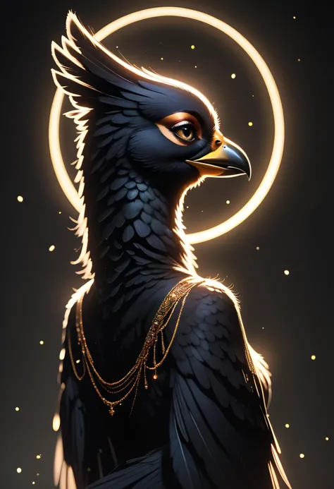 score_9,score_8_up,score_7_up,score_6_up,score_5_up,score_4_up source_furry, beautiful bird woman, bird woman, furry, dark black feathers, golden jewelry, back lighting, dramatic lighting, extremely detailed, beautiful detailed iridescent feathers, rating_safe