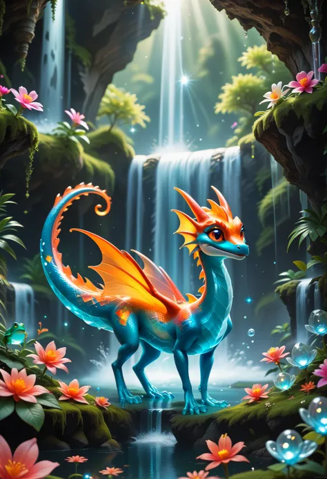 score_9, score_8_up, score_7_up, score_6_up, score_5_up, score_4_up score_9,score_8_up, macro photo, a beautiful translucent glass dragon frog that glows within, glowing lights, beautiful waterfall , made out of multicolored transparent delicate glass, magical sparkles,vibrant whimsical