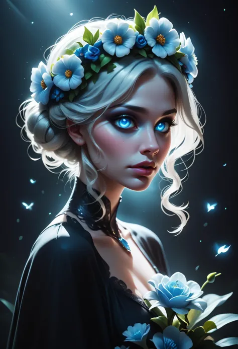 score_9, score_8_up, score_7_up, score_6_up, score_5_up, score_4_up, 1girl, flower crown, beautiful icy blue eyes, moonlight gardens, dark shadows, glowing in the dark, bright colors, high contrast, dark background, vivid lighting, night garden