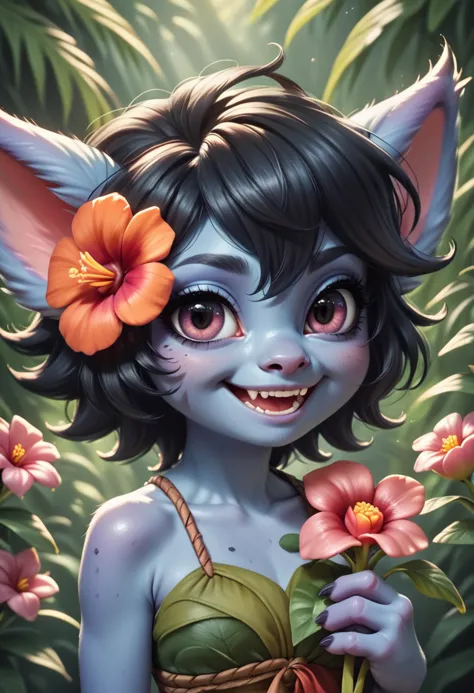 score_9, score_8_up, score_7_up, score_6_up, score_5_up, score_4_up, high quality portrait of a black hair yordle with blue skin, beautiful eyes, detailed, long eyelashes, subtle makeup, extremely detailed, lush flower jungle background, happy, rating_safe, holding a flower