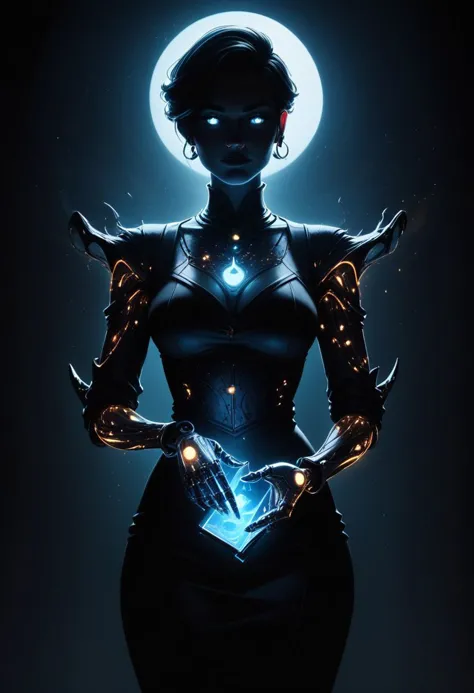 score_9, score_8_up, score_7_up, score_6_up, score_5_up, score_4_up, magical mystical glowing cyborg, semiconductor crown, moonlight office, dark shadows, glowing in the dark, bright colors, high contrast, dark background, vivid lighting, night business space