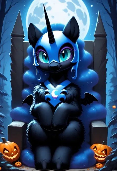 score_9, score_8_up, score_7_up, MegaFluffyPony, furry, fluffy egirl (nightmare moon sitting on a throne 1.2), cute, very fuzzy,(full moon forest background ), Halloween safe_rating