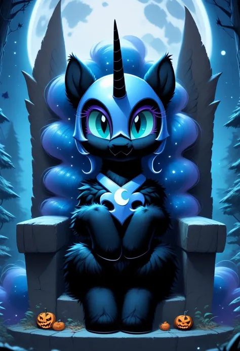 score_9, score_8_up, score_7_up, MegaFluffyPony, furry, fluffy egirl (nightmare moon sitting on a throne 1.2), cute, very fuzzy,(full moon forest background ), Halloween safe_rating