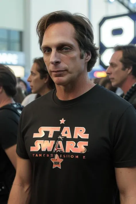 f1ch7n3r, handsome face, upper body, facial focus, stunning eyes, at the crowded comicon comic con convention, people in the background, in a colorful star wars shirt