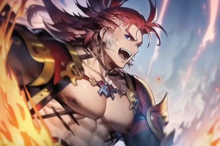 wilnas, granblue fantasy, (masterpiece:1.5), (best quality:1.5), (high quality:1.5), (solo:1.27), (muscular male:1.27), (bara:1.27), satisfaction, happy, pleasure, (dynamic angle:1.21),(dynamic hair:1.27),(detailed pupils:1.21),looking at viewer, (dynamic pose:1.15), (beautiful detailed hands:1.21), illustration, (cinematic light:1.15), ultra detailed, (disheveled hair:1.34), big bulge, (large pectorals:1.3), pe, sidepec, (abs:1.3), (thighs:1.3), (bulky:1.2), novel_illustration, anime_screencap, flaming sword, explosion, male focus, fire, fiery wings, fiery hair, flame, pyrokinesis, breathing fire