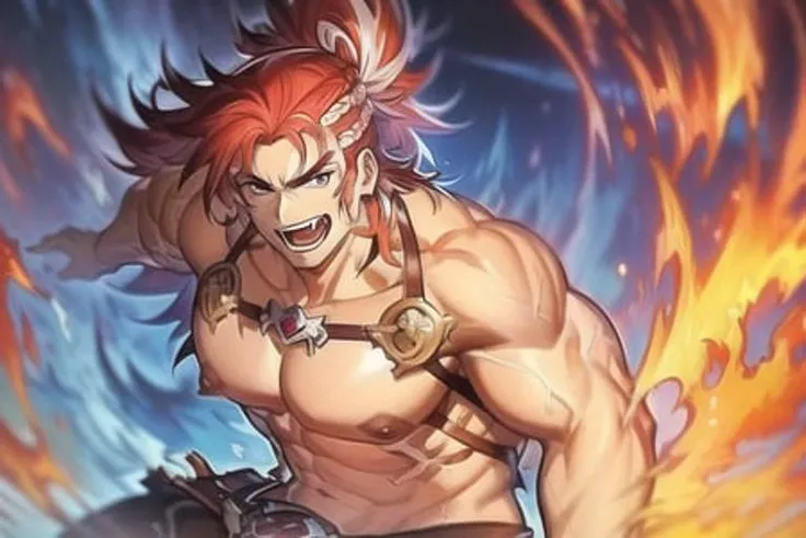 wilnas, granblue fantasy, (masterpiece:1.5), (best quality:1.5), (high quality:1.5), (solo:1.27), (muscular male:1.27), (bara:1.27), satisfaction, happy, pleasure, (dynamic angle:1.21),(dynamic hair:1.27),(detailed pupils:1.21),looking at viewer, (dynamic pose:1.15), (beautiful detailed hands:1.21), illustration, (cinematic light:1.15), ultra detailed, (disheveled hair:1.34), big bulge, (large pectorals:1.3), pe, sidepec, (abs:1.3), (thighs:1.3), (bulky:1.2), novel_illustration, anime_screencap, flaming sword, explosion, male focus, fire, fiery wings, fiery hair, flame, pyrokinesis, breathing fire