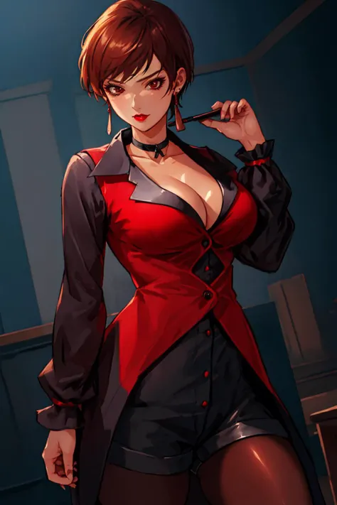 extremely detailed, detailed hair, soft lighting, volumetric lighting, intricate details, finely detailed, mature female, 1girl, solo, looking at viewer, hands on hips , sitting , huge breasts, BREAK long socks, sweater, skirt, (bangs,messy hair,alternate hairstyle , french braid , purple hair ),, bar earrings ,blush ,choker , smug , (dark skin) , sweat, one eye closed, with a sunrise in the background, group of insects in the foreground,