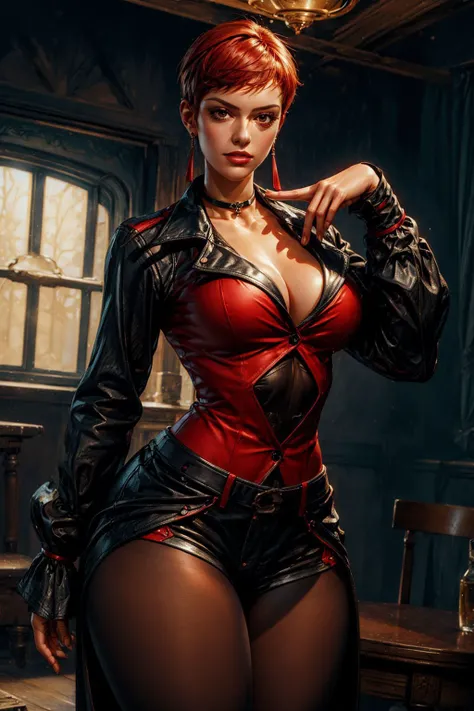 extremely detailed photo of a black woman, scarlet witch, avengers, wearing black lace dress, open red leather jacket, black pantyhose, 8k uhd, RAW photography, model photoshoot