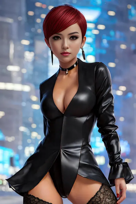 masterpiece, strong depth of field, 1girl, vicems,
solo, cyberpunk style background, fighting stance, loot at viewer, cleavage,choker,long sleeves, female black suit,delicate hand, detailed pantyhose, in highheels,bokeh,
 <lora:viceTheKingOfFighters_1:0.85>