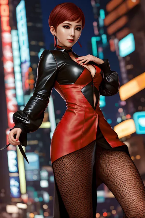 masterpiece, strong depth of field, 1girl, vicems,
solo, cyberpunk style background, fighting stance, loot at viewer, cleavage, choker,(red shirts:0.8),long sleeves, female black suit, delicate hand, detailed pantyhose, in highheels,bokeh,
 <lora:viceTheKingOfFighters_1:0.89>