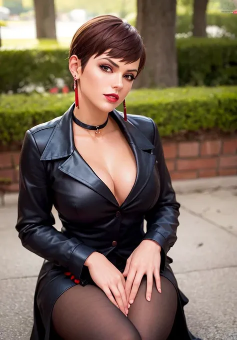 ViceMS_pantyhose, choker, lipstick , skirt , long sleeves, vestthigh strap,(  sitting_on_knees,hand on own chest,park),naughty face, 
looking at viewer,blue sky, <lora:viceTheKingOfFighters_ViceMS_pantyhose, cleavage, dark skin (For later looks) , choker , lipstick , skirt , shorts , long sleeves, black pants, vestthigh strap:0.85>, best quality, ultra high res, (photorealistic:1.4),,
