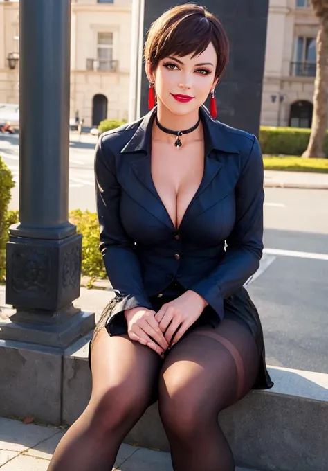ViceMS_pantyhose, cleavage, choker , lipstick , skirt , long sleeves, vestthigh strap,(  sitting_on_knees,hand on own chin,park),evil smile, 
looking at viewer,blue sky, <lora:viceTheKingOfFighters_ViceMS_pantyhose, cleavage, dark skin (For later looks) , choker , lipstick , skirt , shorts , long sleeves, black pants, vestthigh strap:0.65> masterpiece, (photorealistic:1.4), best quality, beautiful lighting, detailed, intricate , RAW photo, 8k uhd,