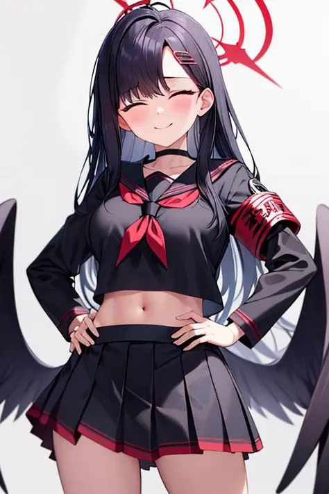 ultra-detailed,(best quality),((masterpiece)),(highres),original,extremely detailed 8K wallpaper,(an extremely delicate and beautiful),best_hand,anime,<lora:ä¸è±2.0:1>,nakamasaichika,1girl,solo,1girl, weapon, ?, gun, skirt, solo, school uniform, wings, closed eyes, serafuku, breasts, armband, black serafuku, pleated skirt, choker, hand on hip, sailor collar, black skirt, rifle, blush, simple background, white background, black choker, black wings, red neckerchief, neckerchief, smile, long sleeves, navel, closed mouth, crop top overhang, large breasts, midriff, holding, crop top, thighs, low wings, cowboy shot, shirt, black sailor collar, black shirt