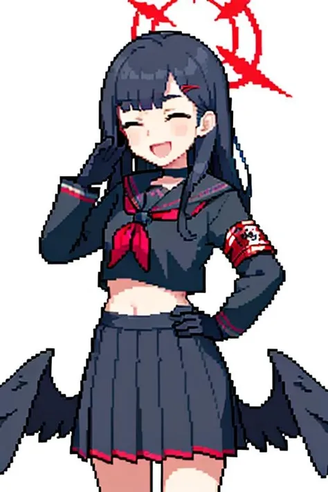 ultra-detailed,(best quality),((masterpiece)),(highres),original,extremely detailed 8K wallpaper,(an extremely delicate and beautiful),nakamasaichika,1girl,<lora:chika_ä¸è±:1>,<lora:pixel_f2:0.6>,pasties,gloves, skirt, solo, black gloves, school uniform, closed eyes, wings, armband, serafuku, neckerchief, black skirt, simple background, red neckerchief, white background, black serafuku, black wings, sailor collar, low wings, choker, pleated skirt, open mouth, long sleeves, smile, black sailor collar, black choker, feathered wings, hand on hip, salute, shirt, midriff peek, :d, black shirt, cowboy shot, ^_^