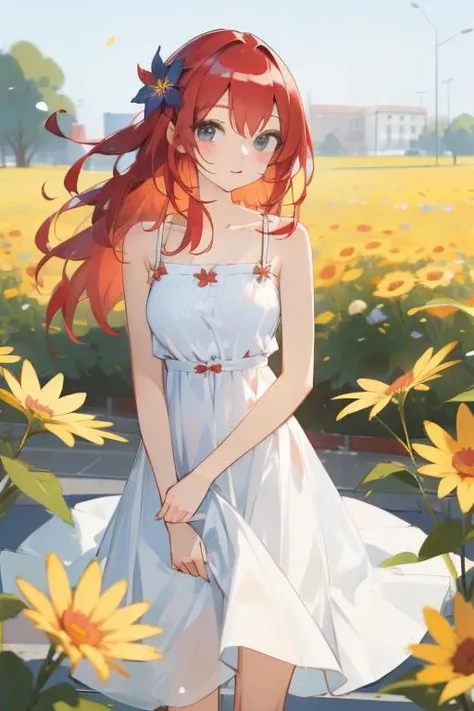 <lora:Peko-05:1>kani biimu, outdoors, flower, sundress, red hair, masterpiece, best quality