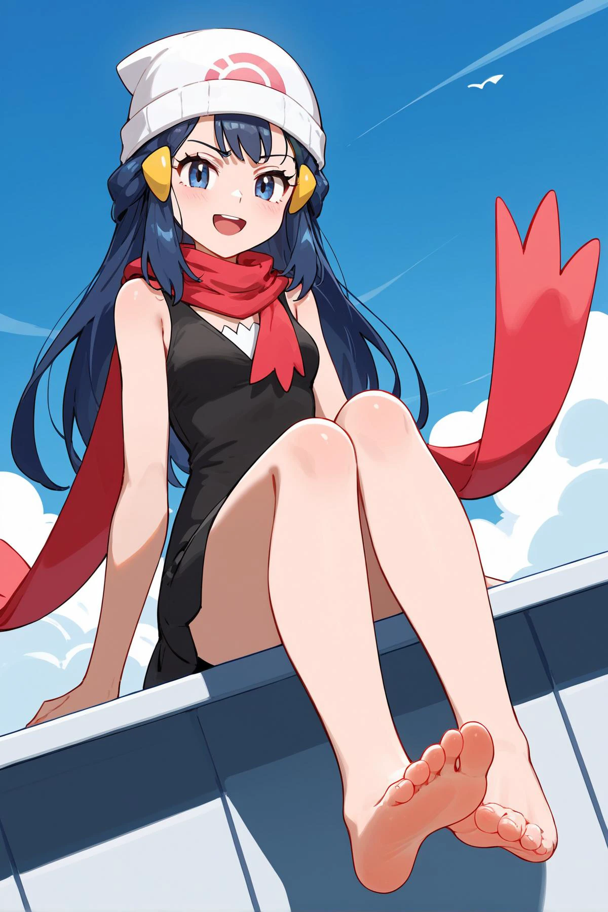 score_9, score_8_up, masterpiece, best quality,
1girl <lora:dawn_(pokemon):1>, commentary_request, pink_background, white_headwear, hairclip, red_scarf, solo, :d, small_breasts, looking_at_viewer, hand_up, pink_skirt, sleeveless_shirt, beanie, highres, bare_shoulders, dawn_\(pokemon\), black_shirt,
,
(playful and mischievous expression, a seductive look, a come-hither expression), (cheeky look, self-satisfied, smirking, sly, cunning expression), (open mouth),
indoor, art gallery , ((bare feet)), closed up soles,<lora:feet_anime_xl_v1c:0.5>