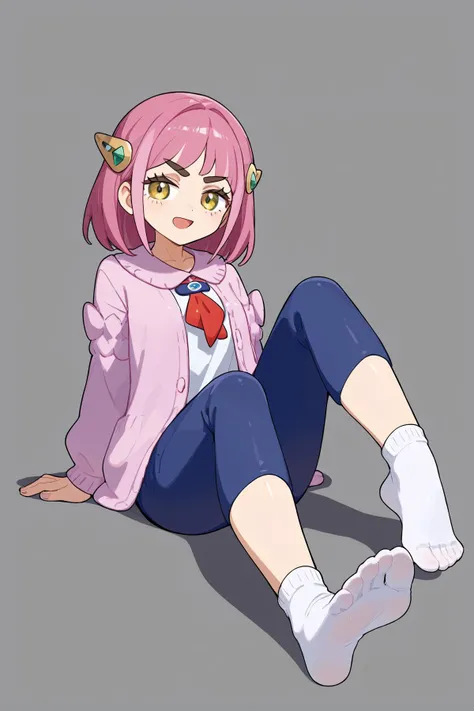 score_9, score_8_up, masterpiece, best quality, 
1girl <lora:ponyxl_character-taro_002:1>, taro + lacey, pokemon, hair ornament, yellow eyes, pink hair, pink cardigan, striped blue pants, white shirts,
,
(playful and mischievous expression, a seductive look, a come-hither expression), (cheeky look, self-satisfied, smirking, sly, cunning expression), (open mouth),
indoor, art gallery ,  closed up focus feet ((wearing socks)) , closed up soles,<lora:feet_anime_xl_v1c:0.5>