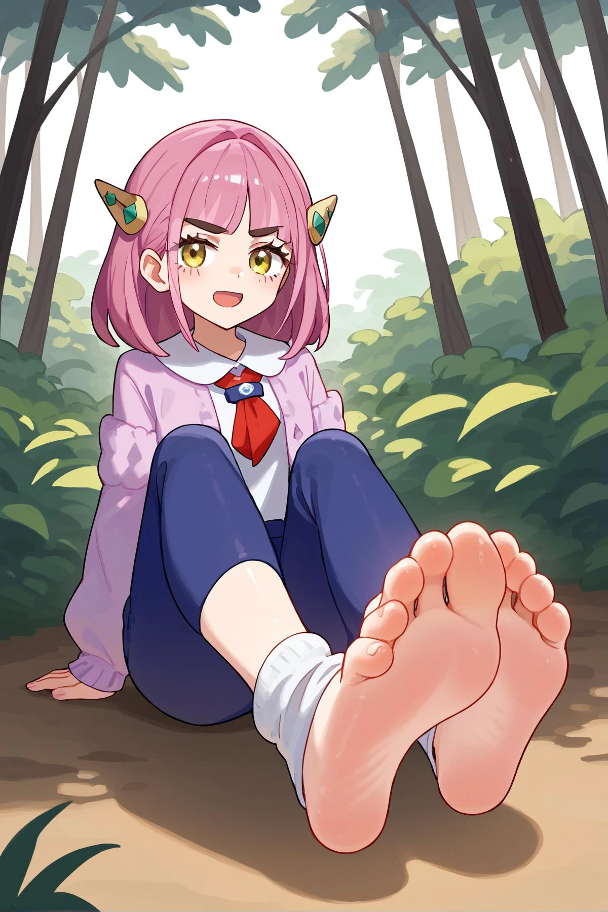score_9, score_8_up, masterpiece, best quality,
1girl <lora:ponyxl_character-taro_002:1>, taro + lacey, pokemon, hair ornament, yellow eyes, pink hair, pink cardigan, striped blue pants, white shirts,
,
(playful and mischievous expression, a seductive look, a come-hither expression), (cheeky look, self-satisfied, smirking, sly, cunning expression), (open mouth),
outdoor, forest, nature trail , closed up focus feet ((wearing white dirty socks)) , closed up soles,<lora:feet_anime_xl_v1c:0.5>