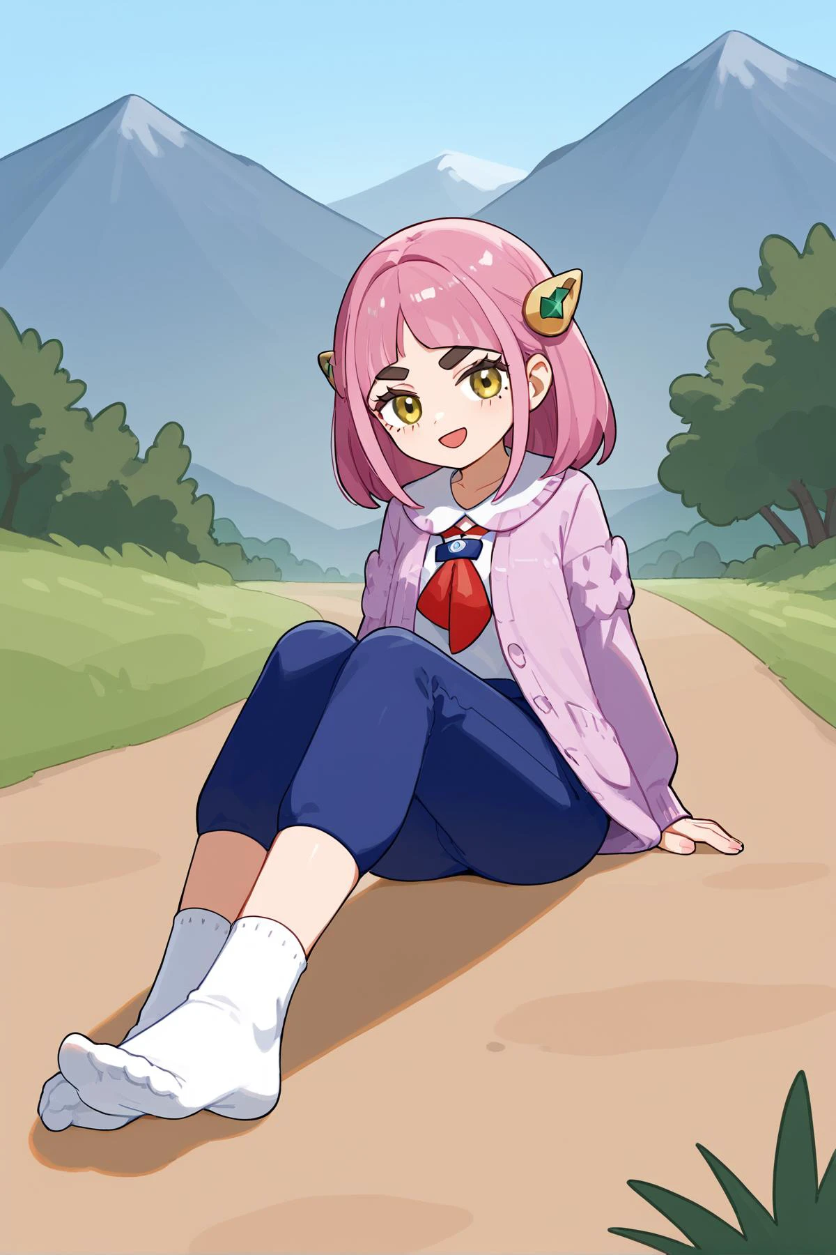 score_9, score_8_up, masterpiece, best quality,
1girl <lora:ponyxl_character-taro_002:1>, taro + lacey, pokemon, hair ornament, yellow eyes, pink hair, pink cardigan, striped blue pants, white shirts,
,
(playful and mischievous expression, a seductive look, a come-hither expression), (cheeky look, self-satisfied, smirking, sly, cunning expression), (open mouth),
outdoor, mountain vista, hiking , closed up focus feet ((wearing socks)) , closed up soles,<lora:feet_anime_xl_v1c:0.5>